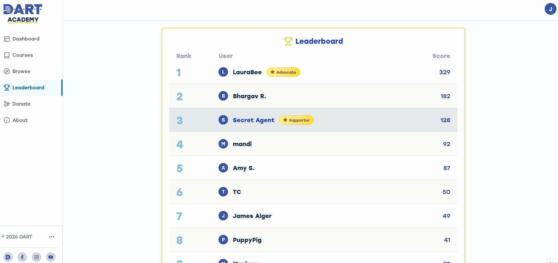 Demo of the gamification system for the DART Academy platform, showing points, rank progression, and leaderboard visibility.