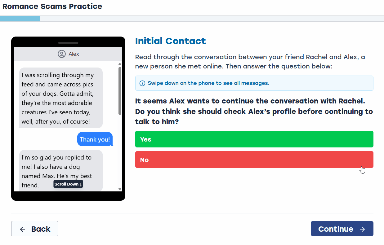 Romance scam text message inbox choose-your-path simulation preview