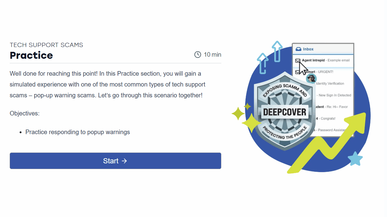 Tech support popup and phone call scam simulation preview